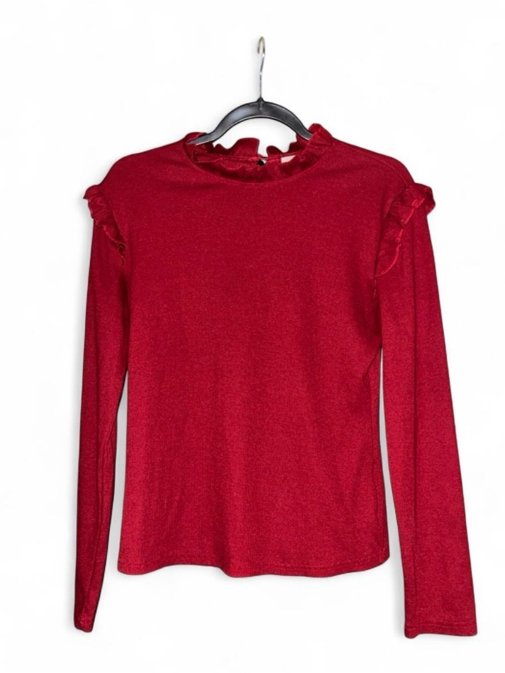 Burgundy Ribbed Ruffle Mock Neck Long Sleeve Top Women’s Medium